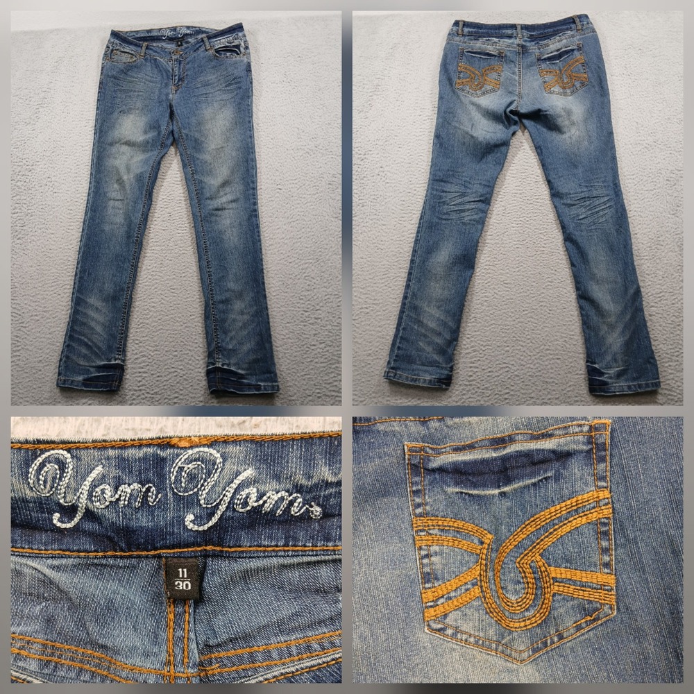 Yom Yom Y2K Distressed Straight Leg Jeans Size 11/30 Blue Denim EUC